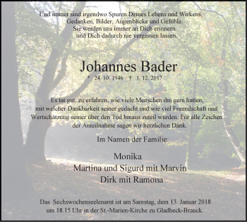 Traueranzeige von Johannes Bader von Stadtspiegel Gladbeck