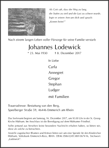 Traueranzeige von Johannes Lodewick von Stadtanzeiger Emmerich/Rees/Isselburg