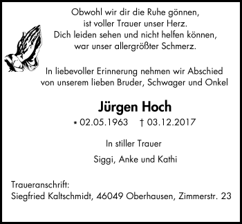 Traueranzeige von Jürgen Hoch von Wochen-Anzeiger Oberhausen