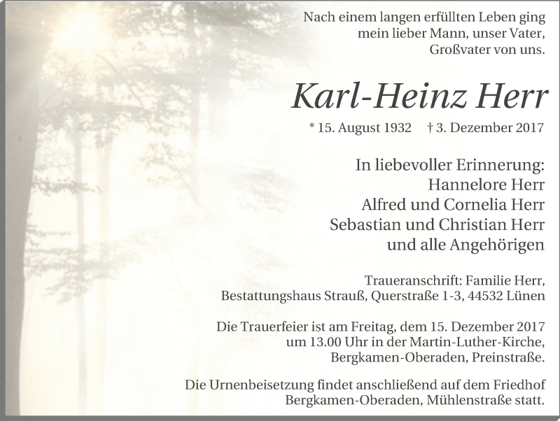  Traueranzeige für Karl-Heinz Herr vom 09.12.2017 aus Lüner Anzeiger