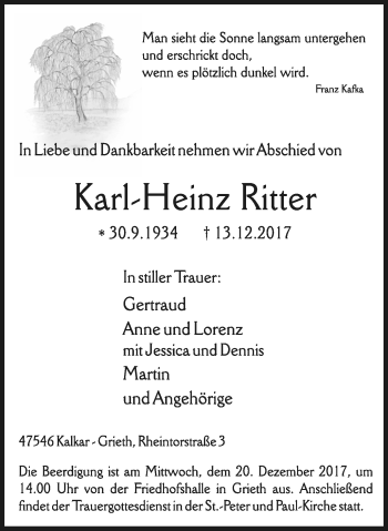 Traueranzeige von Karl-Heinz Ritter von Klever Wochenblatt