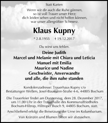 Traueranzeige von Klaus Kupny von Stadtspiegel Bochum