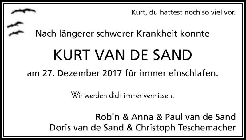  Traueranzeige für Kurt van de Sand vom 30.12.2017 aus Stadtanzeiger Emmerich/Rees/Isselburg