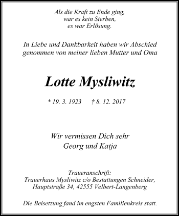 Traueranzeige von Lotte Mysliwitz von Stadtanzeiger Velbert + Heiligenhaus