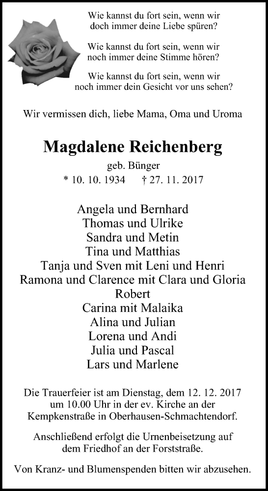  Traueranzeige für Magdalene Reichenberg vom 06.12.2017 aus Wochen-Anzeiger Oberhausen