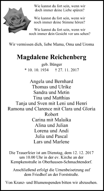 Traueranzeige von Magdalene Reichenberg von Wochen-Anzeiger Oberhausen