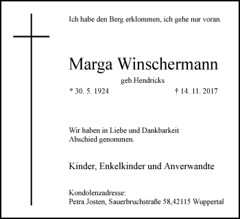Traueranzeige von Marga Winschermann von Mülheimer Woche