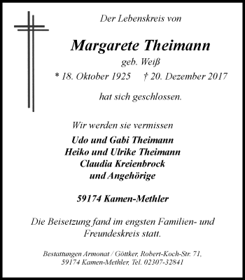 Traueranzeige von Margarete Theimann von Stadtspiegel Kamen + Unna