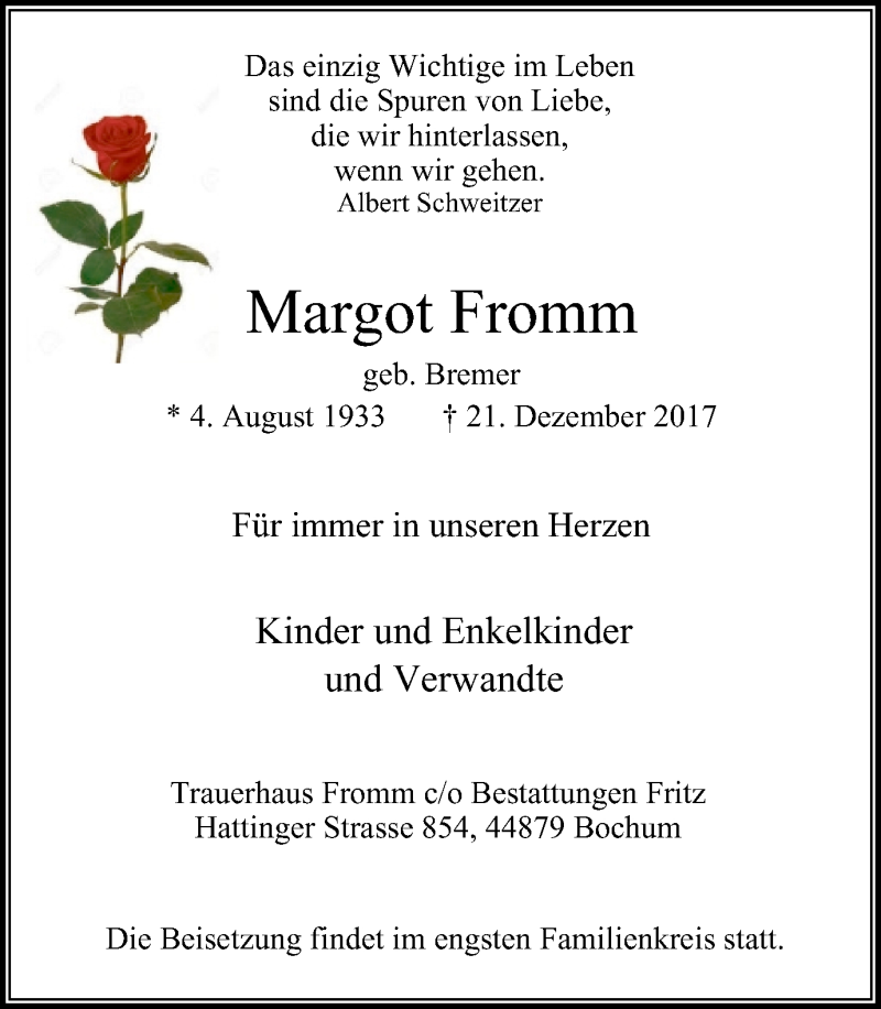 Traueranzeige für Margot Fromm vom 30.12.2017 aus Stadtspiegel Bochum