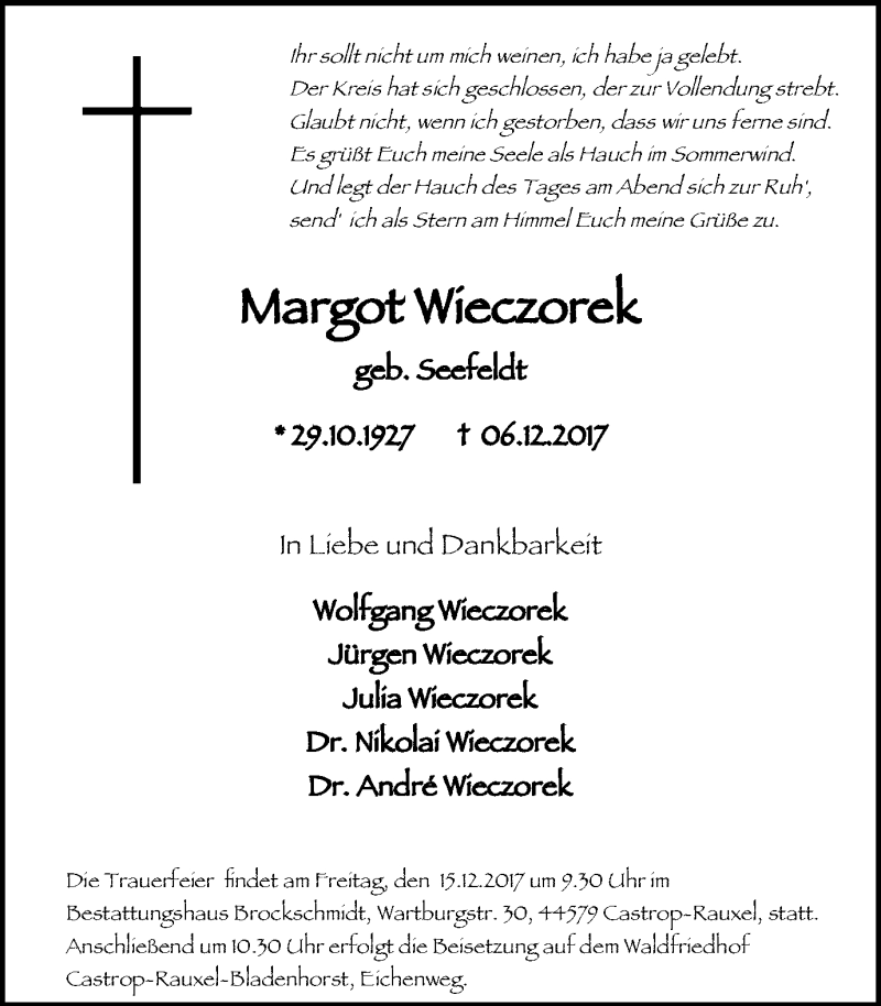  Traueranzeige für Margot Wieczorek vom 13.12.2017 aus Stadtanz.Castrop-Rauxel