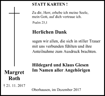 Traueranzeige von Margret Roth von Wochen-Anzeiger Oberhausen