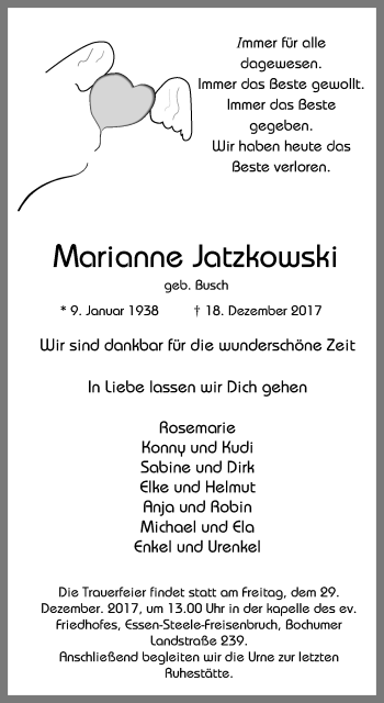 Traueranzeige von Marianne Jatzkowski von Steeler Kurier
