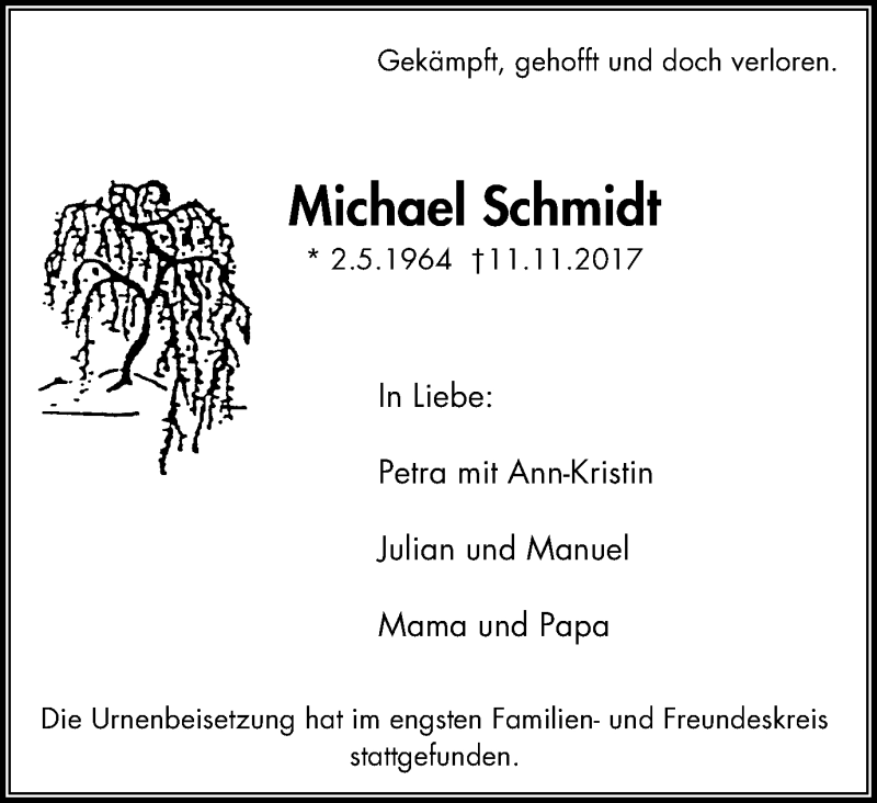  Traueranzeige für Michael Schmidt vom 02.12.2017 aus Stadtspiegel Gladbeck