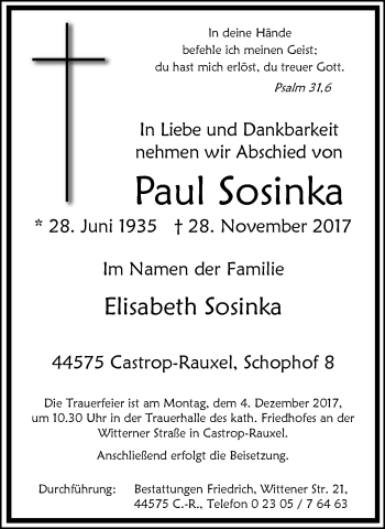 Traueranzeige von Paul Sosinka von Stadtanz.Castrop-Rauxel