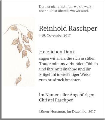 Traueranzeige von Reinhold Raschper von Lüner Anzeiger