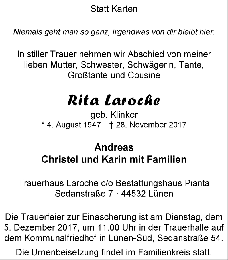  Traueranzeige für Rita Laroche vom 02.12.2017 aus Lüner Anzeiger