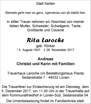 Traueranzeige von Rita Laroche von Lüner Anzeiger