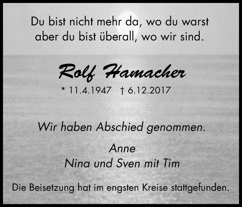  Traueranzeige für Rolf Hamacher vom 20.12.2017 aus Mülheimer Woche