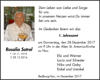 Traueranzeige von Rosalia Soirel von Klever Wochenblatt