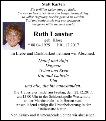 Traueranzeige von Ruth Lauster von Stadtspiegel Gladbeck