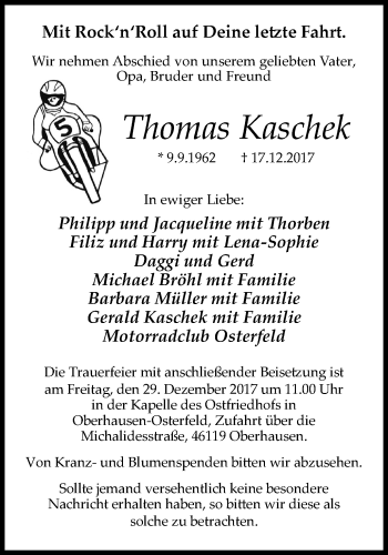 Traueranzeige von Thomas Kaschek von Wochen-Anzeiger Oberhausen
