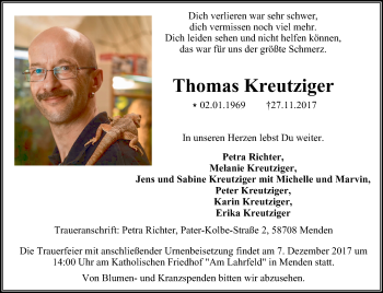 Traueranzeige von Thomas Kreutziger von Stadtspiegel Menden + Froendenberg