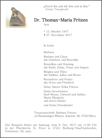 Traueranzeige von Thomas-Maria Fritzen von Klever Wochenblatt
