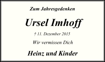 Traueranzeige von Ursel Imhoff von Mülheimer Woche