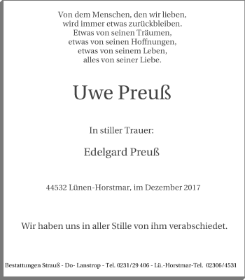 Traueranzeige von Uwe Preuß von Lüner Anzeiger
