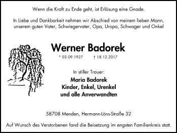 Traueranzeige von Werner Badorek von Stadtspiegel Menden + Froendenberg