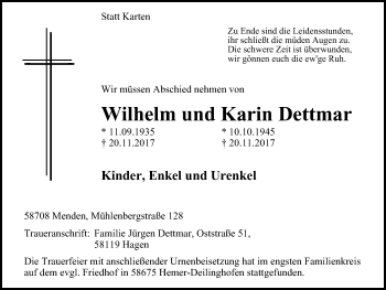 Traueranzeige von Wilhelm und Karin  Dettmar von Stadtspiegel Menden + Froendenberg