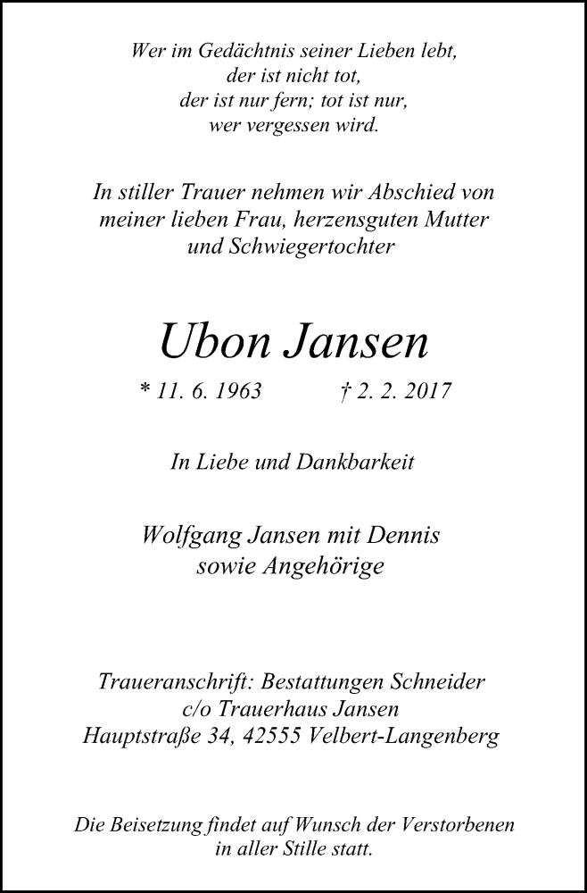  Traueranzeige für Ubon Jansen vom 04.02.2017 aus Stadtanzeiger Velbert + Heiligenhaus