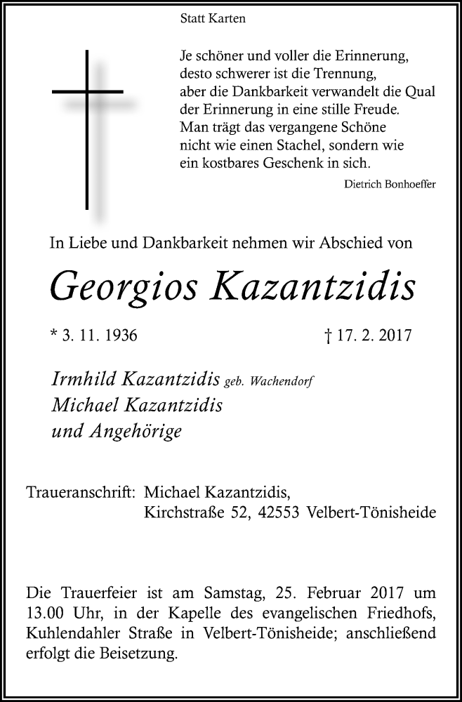  Traueranzeige für Georgios Kazantzidis vom 22.02.2017 aus Stadtanzeiger Velbert + Heiligenhaus