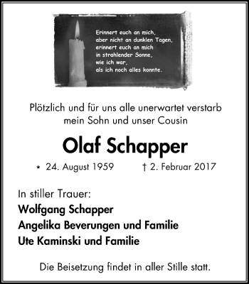 Traueranzeige von Olaf Schapper von Wochen-Anzeiger Langenfeld/Monheim/Hilden