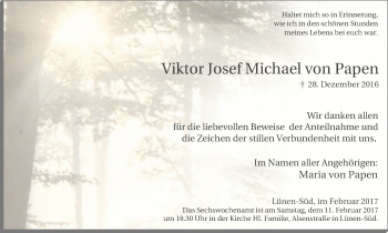 Traueranzeige von Viktor Josef Michael von Papen von Lüner Anzeiger