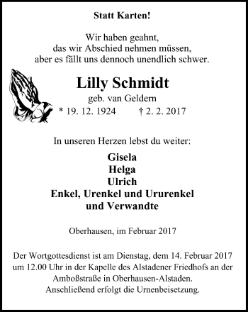 Traueranzeige von Lilly Schmidt von Wochen-Anzeiger Oberhausen