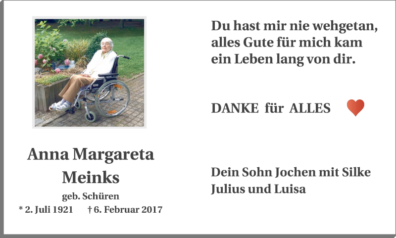  Traueranzeige für Anna Margareta Meinks vom 11.02.2017 aus Lüner Anzeiger