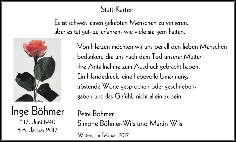  Traueranzeige für Inge Böhmer vom 25.02.2017 aus Witten aktuell