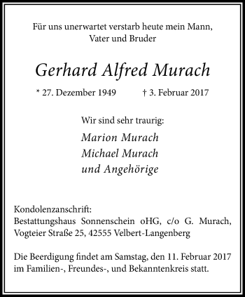 Traueranzeige von Gerhard Alfred Murach von Stadtanzeiger Velbert + Heiligenhaus