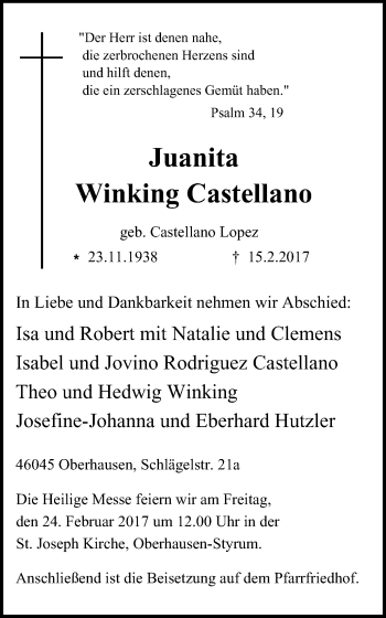 Traueranzeige von Juanita Winking Castellano von Wochen-Anzeiger Oberhausen