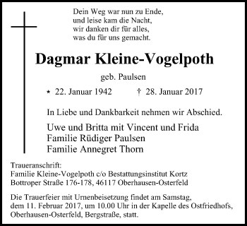 Traueranzeige von Dagmar Kleine-Vogelpoth von Wochen-Anzeiger Oberhausen