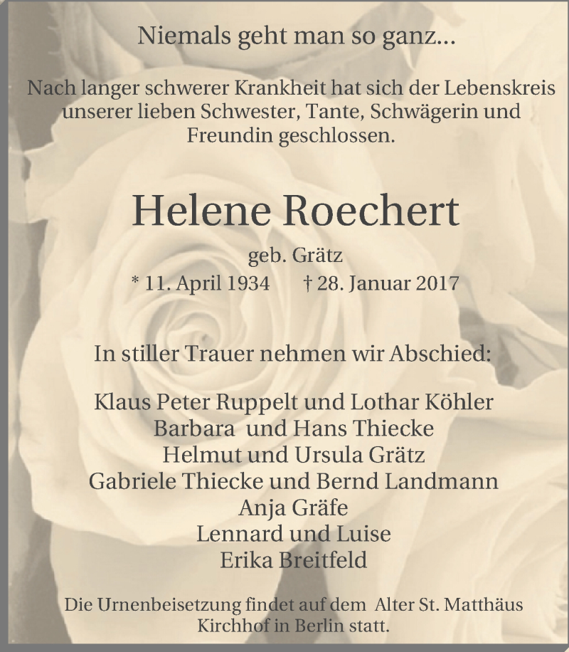  Traueranzeige für Helene Roechert vom 04.02.2017 aus Lüner Anzeiger