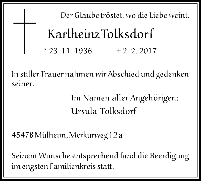  Traueranzeige für Karlheinz  Tolksdorf vom 18.02.2017 aus Mülheimer Woche