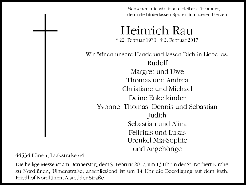  Traueranzeige für Heinrich Rau vom 04.02.2017 aus Lüner Anzeiger