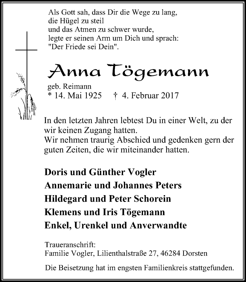  Traueranzeige für Anna Tögemann vom 11.02.2017 aus Stadtspiegel Gladbeck
