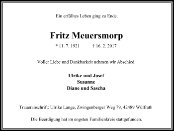 Traueranzeige von Fritz Meuersmorp von Stadtanzeiger Velbert + Heiligenhaus