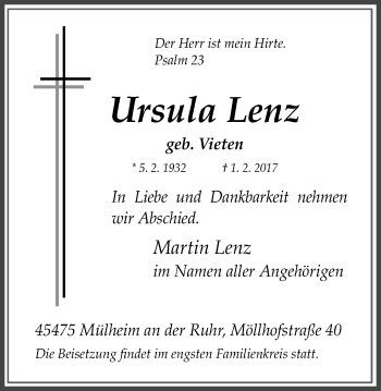 Traueranzeige von Ursula Lenz von Mülheimer Woche