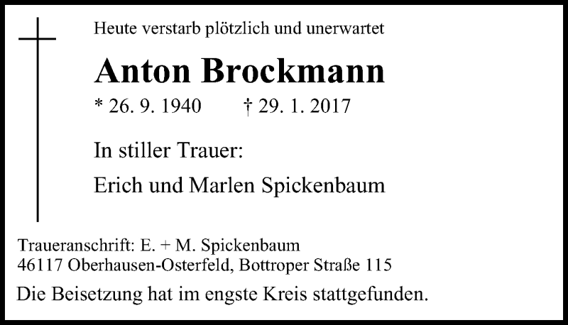  Traueranzeige für Anton Brockmann vom 04.02.2017 aus Wochen-Anzeiger Oberhausen