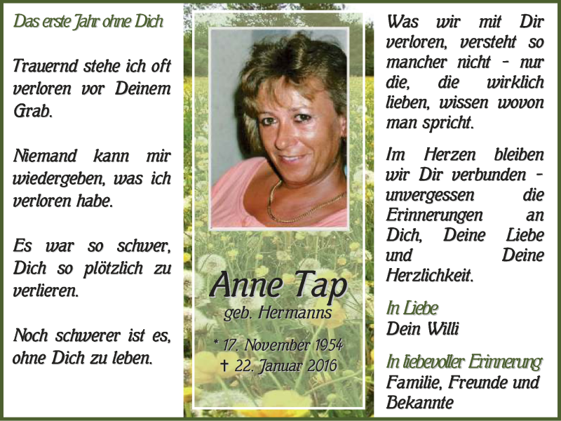  Traueranzeige für Anne Tap vom 04.02.2017 aus Klever Wochenblatt