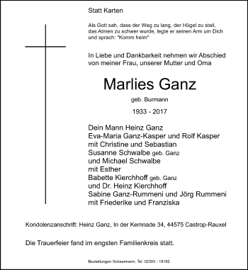 Traueranzeige von Marlies Ganz von Stadtanz.Castrop-Rauxel